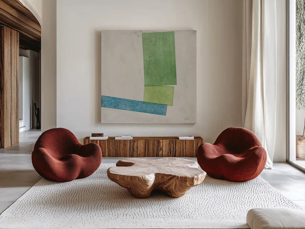 Harmony II No Lines by Mike Schick. Shown as extra-large giant wall art in a modern living room. Available as an archival giclee rolled canvas, fine art paper, or poster print. SKU 91637a.
