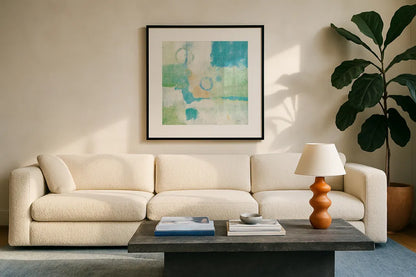 Horizon II by Mike Schick. Displayed in a glass frame with matte in a clean modern living room. Available as an archival giclee rolled canvas, fine art paper, or poster print. SKU 16015a.