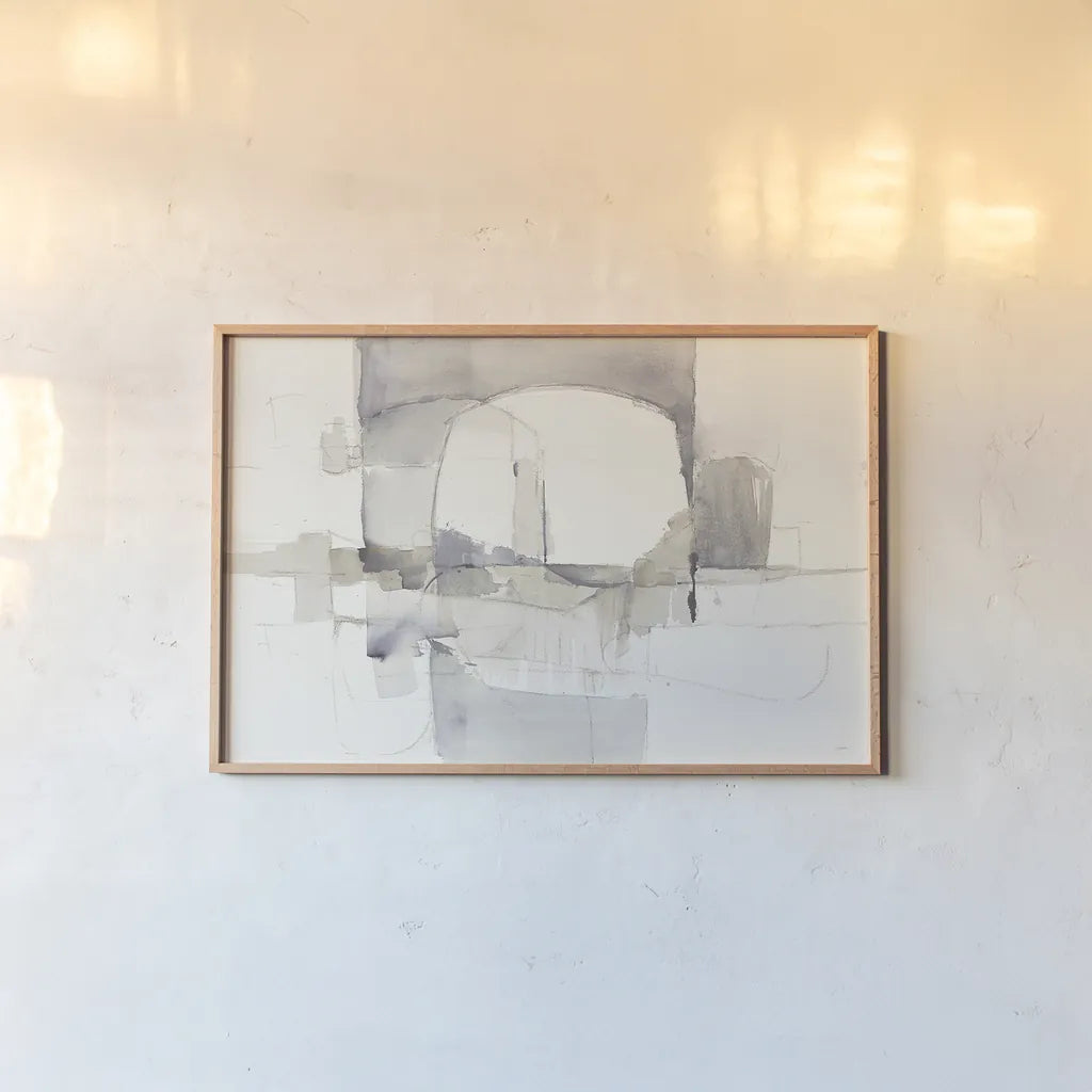 Improvisation I Gray by Mike Schick. shown as a paper print in a natural frame. Available as a archival giclee rolled canvas, fine art paper, or poster print. SKU 28337i.