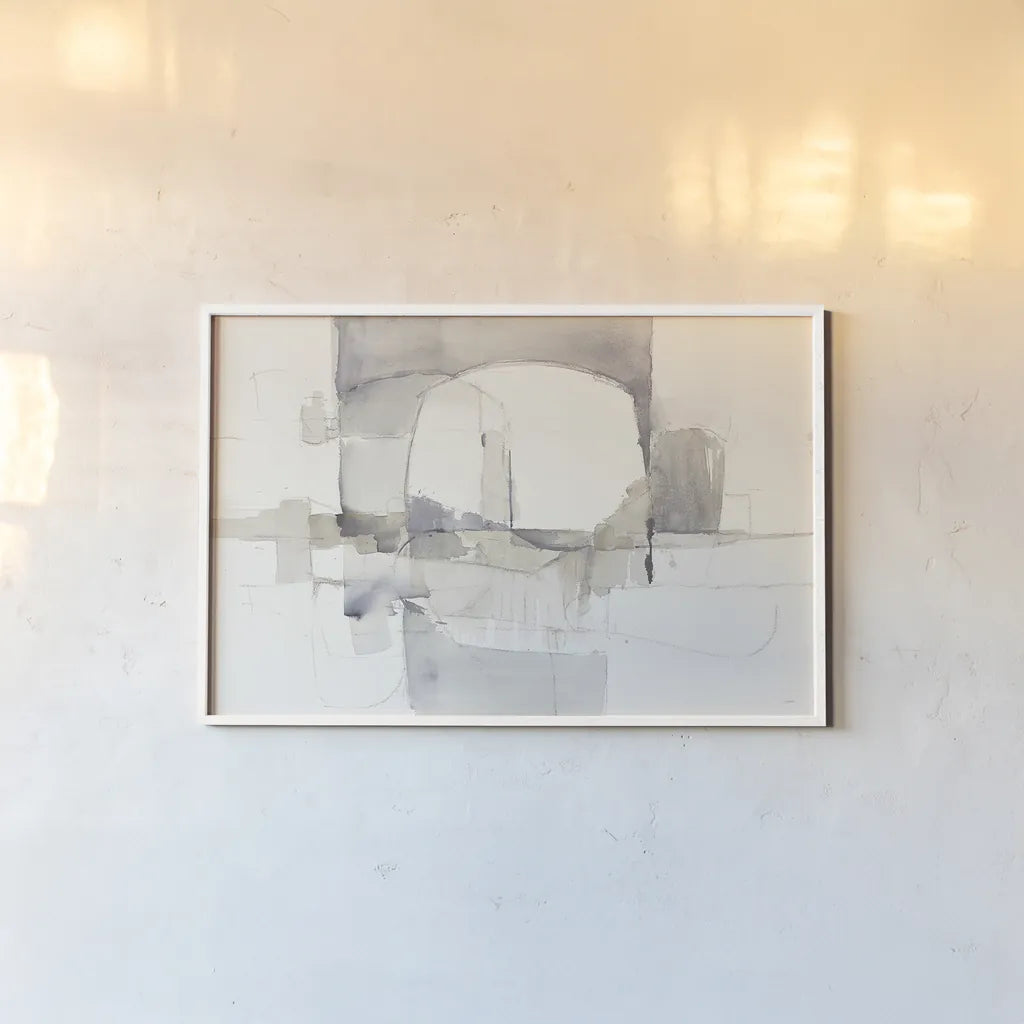 Improvisation I Gray by Mike Schick. shown as a paper print in a white frame. Available as a archival giclee rolled canvas, fine art paper, or poster print. SKU 28337i.