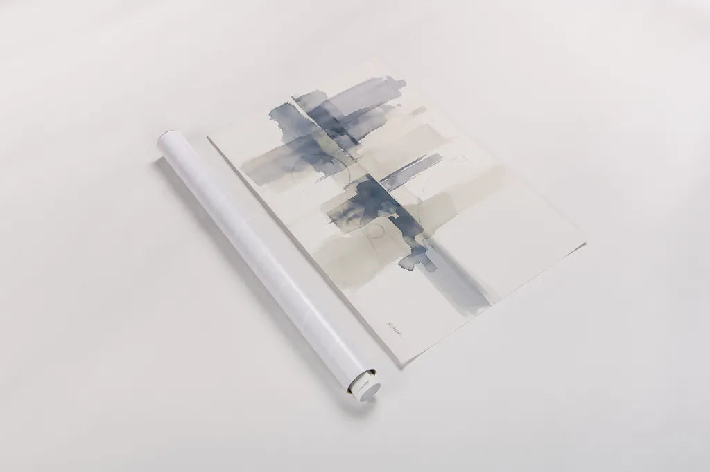 Improvisation II Navy by Mike Schick. shown as a rolled paper print. Available as archival giclee rolled canvas, fine art paper, or poster print. SKU 48102i.