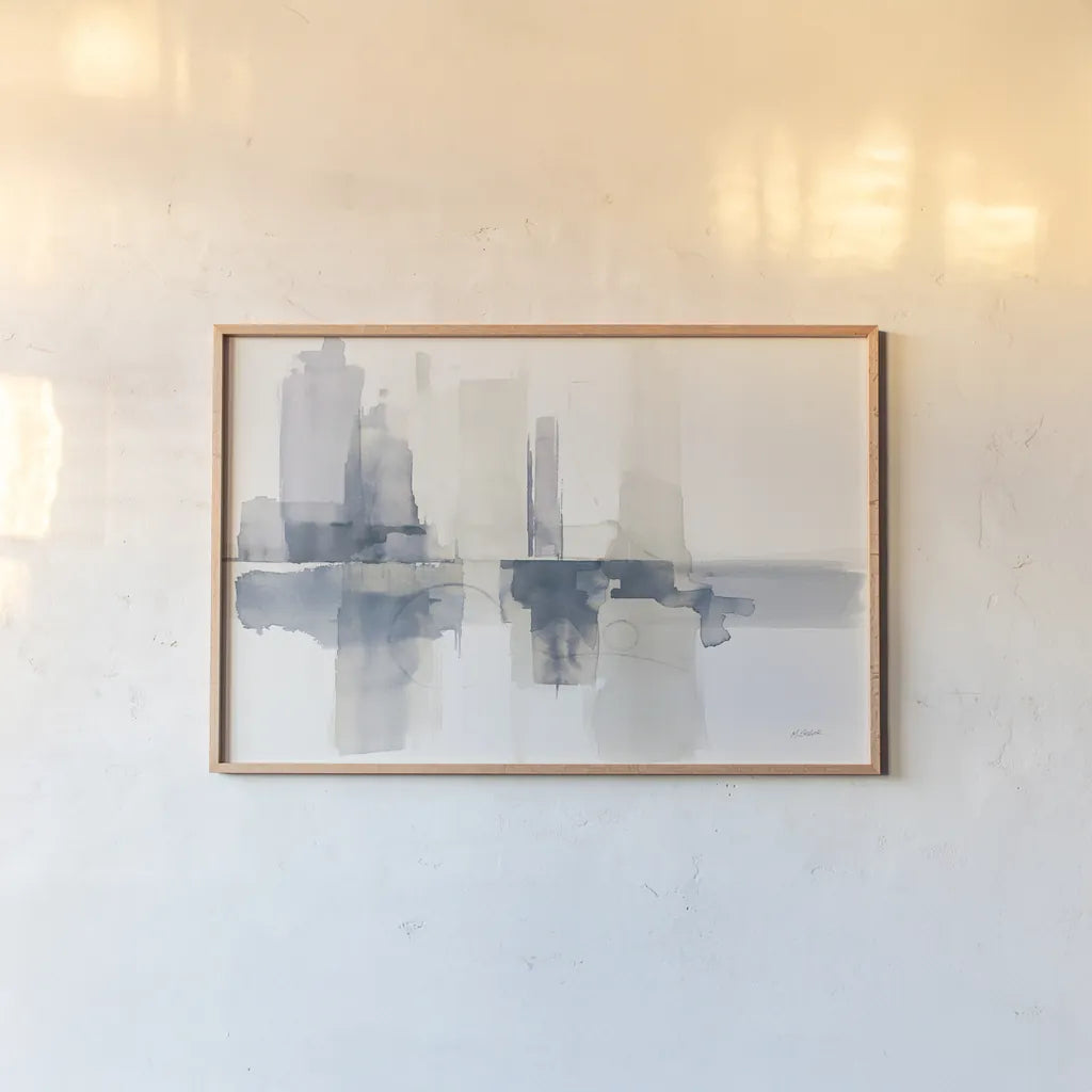 Improvisation II Navy by Mike Schick. shown as a paper print in a natural frame. Available as a archival giclee rolled canvas, fine art paper, or poster print. SKU 48102i.