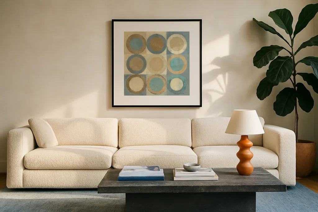 In the Key of Blue by Mike Schick. Displayed in a glass frame with matte in a clean modern living room. Available as an archival giclee rolled canvas, fine art paper, or poster print. SKU 34272a.