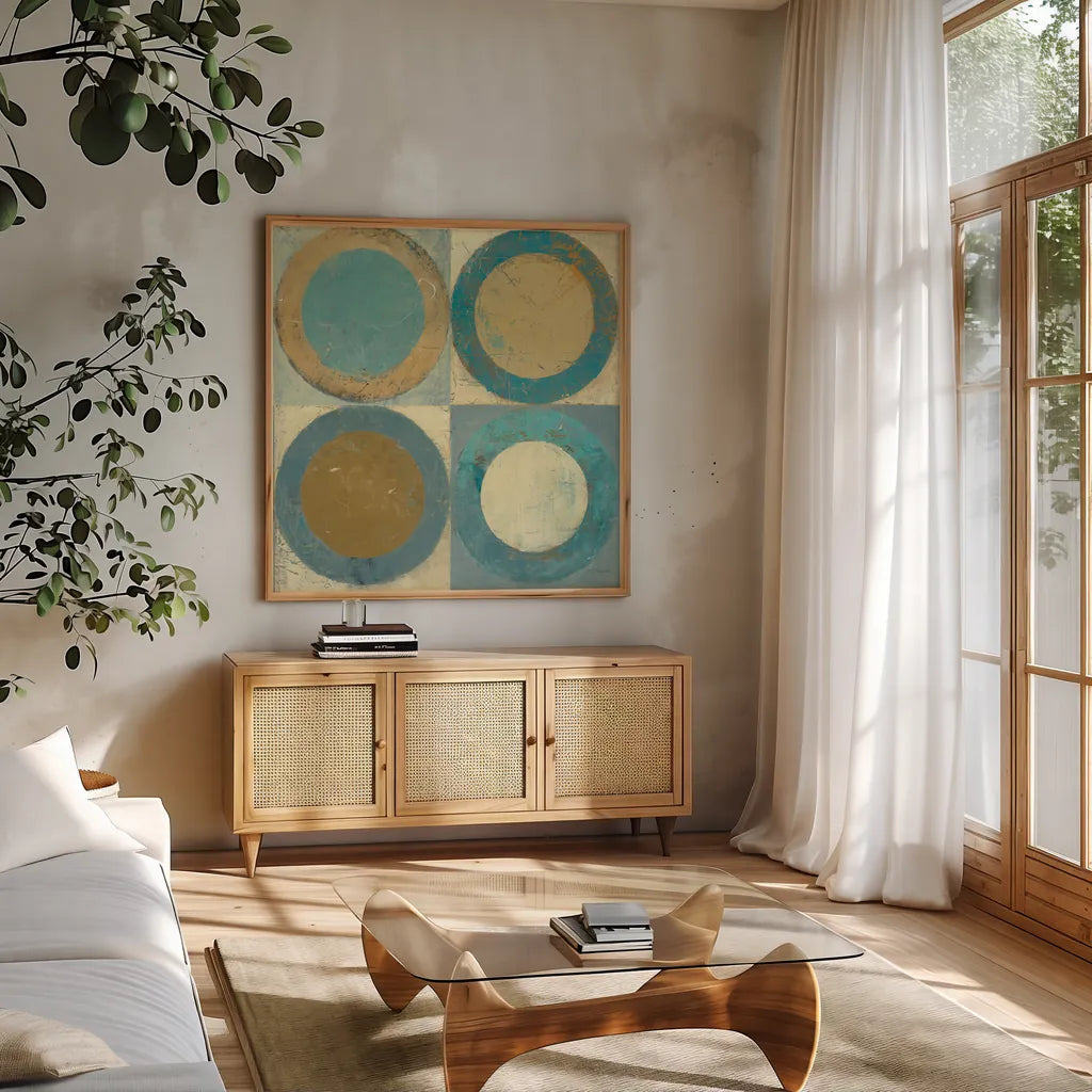 In the Key of Blue Crop by Mike Schick. Shown in a natural wood frame in a cozy modern living room. Available as an archival giclee rolled canvas, fine art paper, or poster print. SKU 22614a.