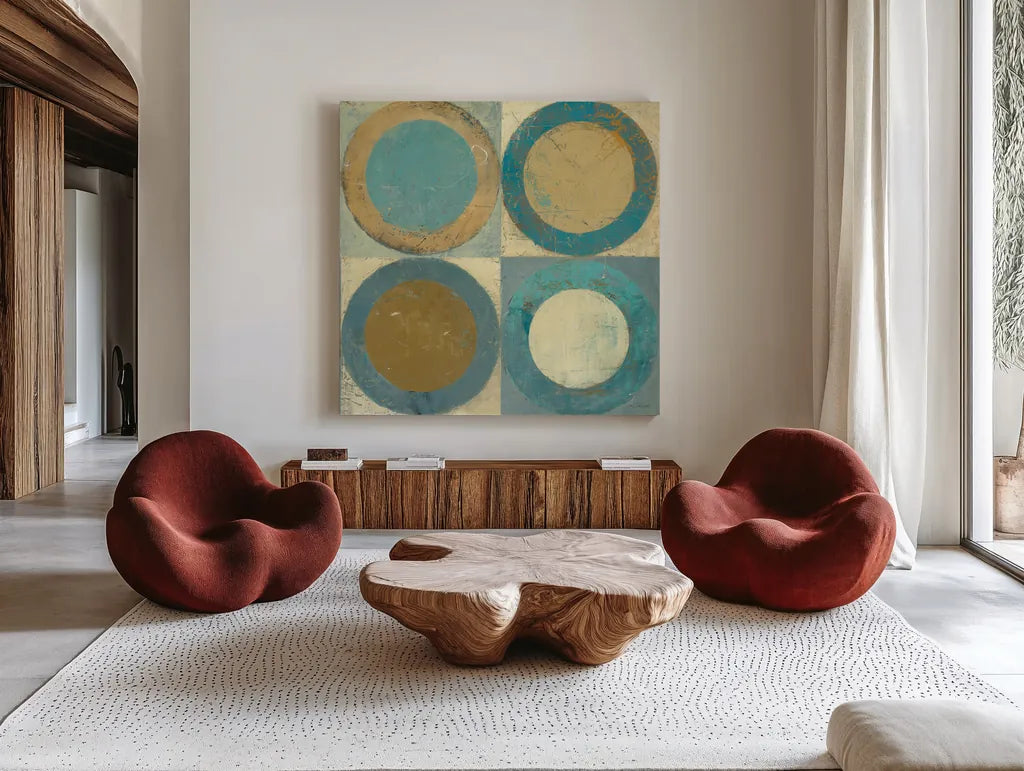 In the Key of Blue Crop by Mike Schick. Shown as extra-large giant wall art in a modern living room. Available as an archival giclee rolled canvas, fine art paper, or poster print. SKU 22614a.