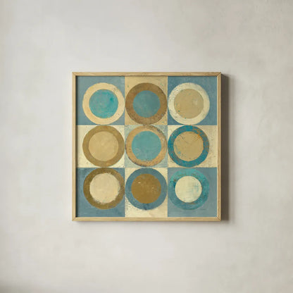 In the Key of Blue Light and Dark by Mike Schick. Shown in a natural wood glass frame for a timeless modern aesthetic. Available as an archival giclee rolled canvas, fine art paper, or poster print. SKU 22639a.