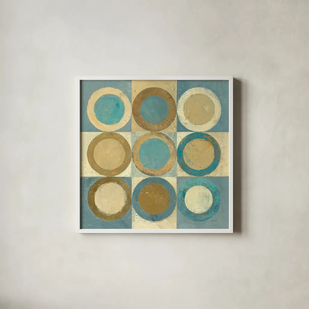 In the Key of Blue Light and Dark by Mike Schick. Shown in a crisp white glass frame for a clean and minimalist style. Available as an archival giclee rolled canvas, fine art paper, or poster print. SKU 22639a.