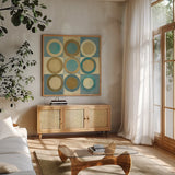 In the Key of Blue Light and Dark by Mike Schick. Shown in a natural wood frame in a cozy modern living room. Available as an archival giclee rolled canvas, fine art paper, or poster print. SKU 22639a.