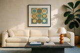 In the Key of Blue Light and Dark by Mike Schick. Displayed in a glass frame with matte in a clean modern living room. Available as an archival giclee rolled canvas, fine art paper, or poster print. SKU 22639a.