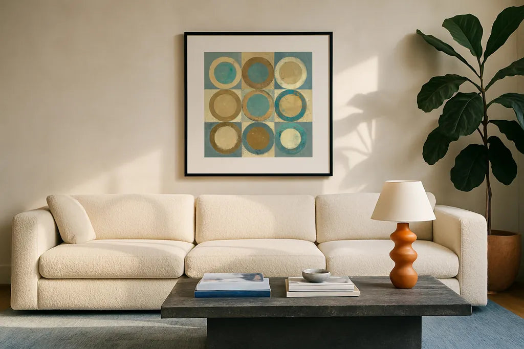 In the Key of Blue Light and Dark by Mike Schick. Displayed in a glass frame with matte in a clean modern living room. Available as an archival giclee rolled canvas, fine art paper, or poster print. SKU 22639a.