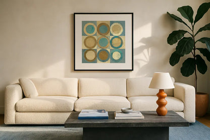 In the Key of Blue Light and Dark by Mike Schick. Displayed in a glass frame with matte in a clean modern living room. Available as an archival giclee rolled canvas, fine art paper, or poster print. SKU 22639a.