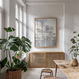 Inbound Traffic by Mike Schick. shown as a print in a natural wood frame in a dining room. Available as a archival giclee rolled canvas, fine art paper, or poster print. SKU 31844h.