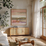 Influence  of Line and Color Gold Crop by Mike Schick. Shown in a natural wood frame in a cozy modern living room. Available as an archival giclee rolled canvas, fine art paper, or poster print. SKU 21654a.