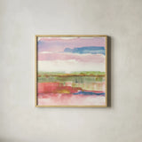 Influence of Line and Color Gold Bright by Mike Schick. Shown in a natural wood glass frame for a timeless modern aesthetic. Available as an archival giclee rolled canvas, fine art paper, or poster print. SKU 33626a.