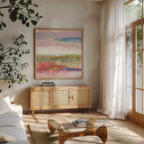 Influence of Line and Color Gold Bright by Mike Schick. Shown in a natural wood frame in a cozy modern living room. Available as an archival giclee rolled canvas, fine art paper, or poster print. SKU 33626a.