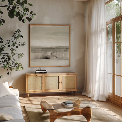 Influence of Line and Color Neutral by Mike Schick. Shown in a natural wood frame in a cozy modern living room. Available as an archival giclee rolled canvas, fine art paper, or poster print. SKU 63222a.