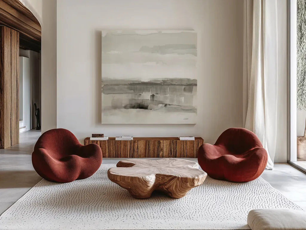 Influence of Line and Color Neutral by Mike Schick. Shown as extra-large giant wall art in a modern living room. Available as an archival giclee rolled canvas, fine art paper, or poster print. SKU 63222a.