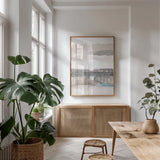 Influence of Line and Color Neutral Aqua by Mike Schick. shown as a print in a natural wood frame in a dining room. Available as a archival giclee rolled canvas, fine art paper, or poster print. SKU 30988h.