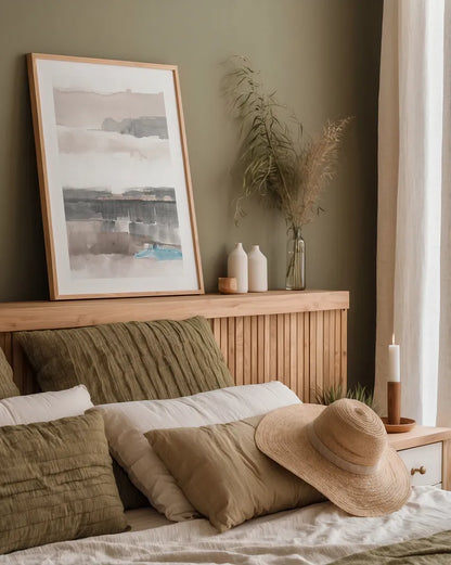 Influence of Line and Color Neutral Aqua by Mike Schick. shown as a paper print in a natural frame. Available as a archival giclee rolled canvas, fine art paper, or poster print. SKU 30988h.