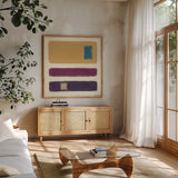 Isole Blue Square by Mike Schick. Shown in a natural wood frame in a cozy modern living room. Available as an archival giclee rolled canvas, fine art paper, or poster print. SKU 34228a.