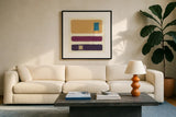 Isole Blue Square by Mike Schick. Displayed in a glass frame with matte in a clean modern living room. Available as an archival giclee rolled canvas, fine art paper, or poster print. SKU 34228a.