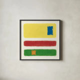 Isole Bright Primary by Mike Schick. Shown in a sleek black glass frame for a contemporary gallery look. Available as an archival giclee rolled canvas, fine art paper, or poster print. SKU 82312a.