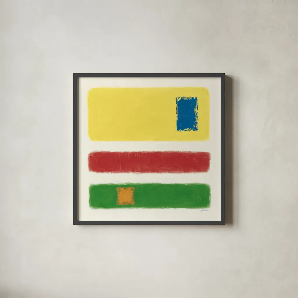 Isole Bright Primary by Mike Schick. Shown in a sleek black glass frame for a contemporary gallery look. Available as an archival giclee rolled canvas, fine art paper, or poster print. SKU 82312a.