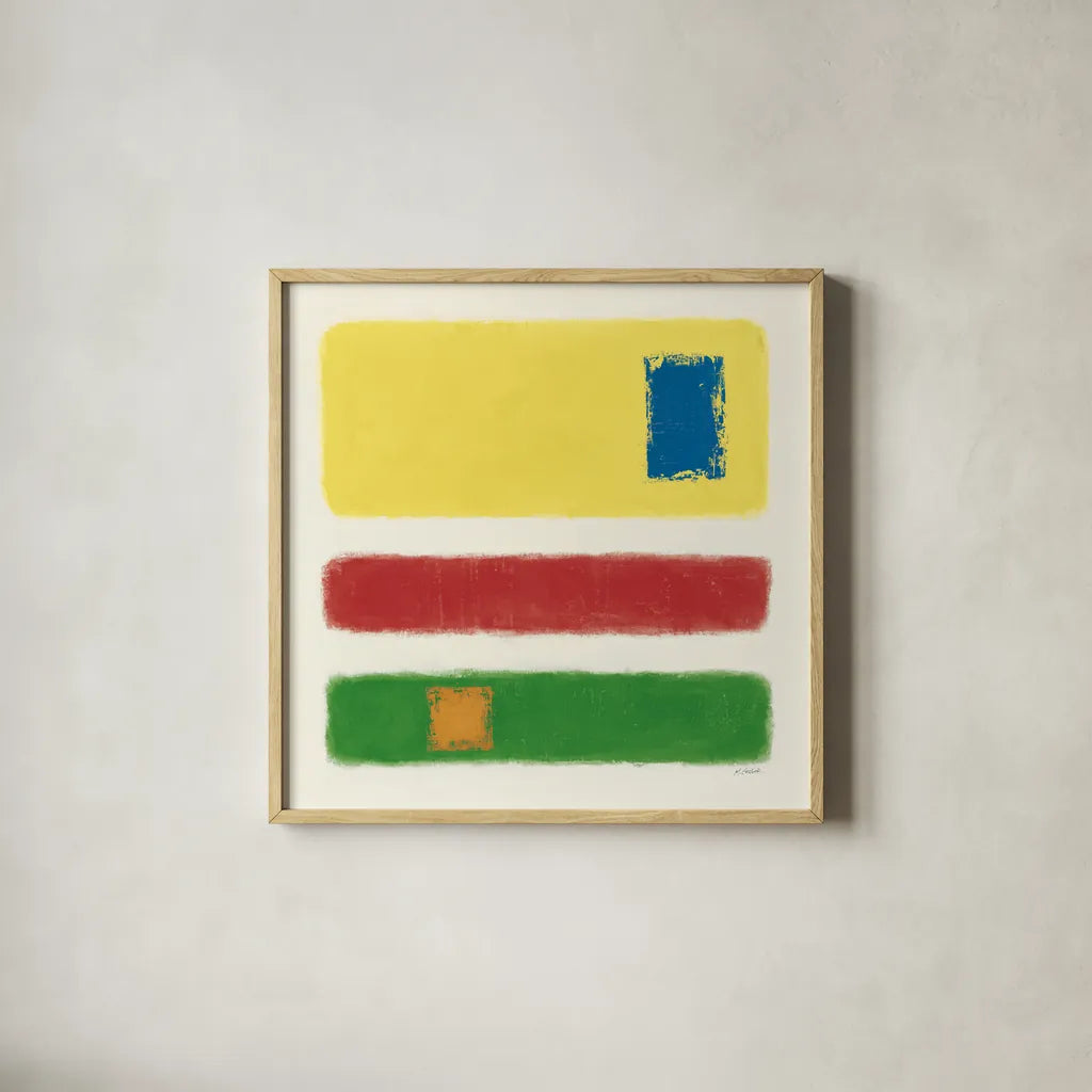 Isole Bright Primary by Mike Schick. Shown in a natural wood glass frame for a timeless modern aesthetic. Available as an archival giclee rolled canvas, fine art paper, or poster print. SKU 82312a.