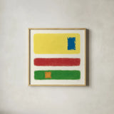 Isole Bright Primary by Mike Schick. Shown in a natural wood glass frame for a timeless modern aesthetic. Available as an archival giclee rolled canvas, fine art paper, or poster print. SKU 82312a.