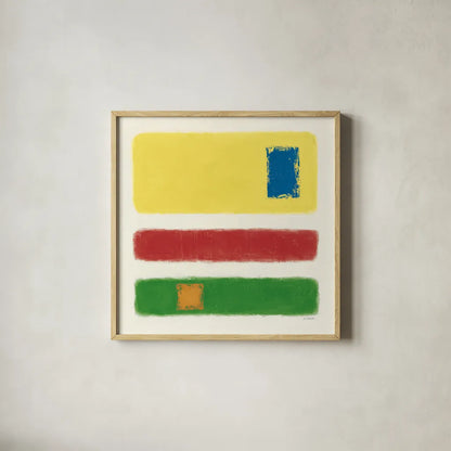 Isole Bright Primary by Mike Schick. Shown in a natural wood glass frame for a timeless modern aesthetic. Available as an archival giclee rolled canvas, fine art paper, or poster print. SKU 82312a.