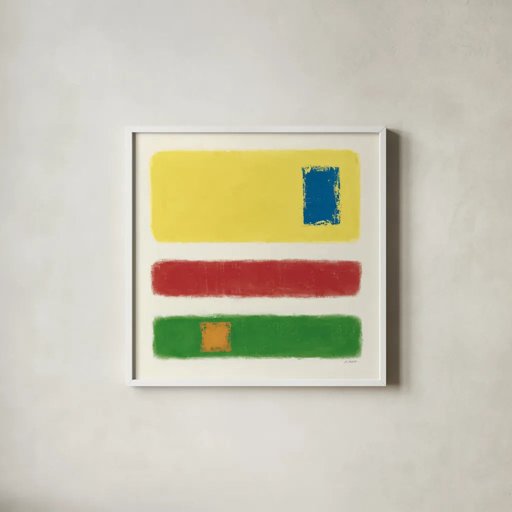 Isole Bright Primary by Mike Schick. Shown in a crisp white glass frame for a clean and minimalist style. Available as an archival giclee rolled canvas, fine art paper, or poster print. SKU 82312a.