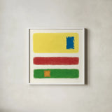 Isole Bright Primary by Mike Schick. Shown in a crisp white glass frame for a clean and minimalist style. Available as an archival giclee rolled canvas, fine art paper, or poster print. SKU 82312a.
