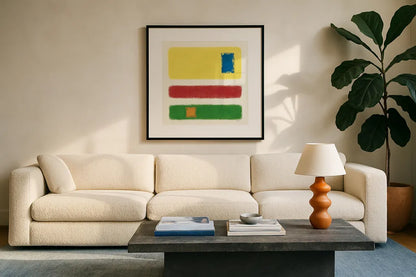 Isole Bright Primary by Mike Schick. Displayed in a glass frame with matte in a clean modern living room. Available as an archival giclee rolled canvas, fine art paper, or poster print. SKU 82312a.
