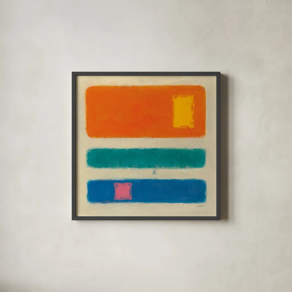 Isole Orange by Mike Schick. Shown in a sleek black glass frame for a contemporary gallery look. Available as an archival giclee rolled canvas, fine art paper, or poster print. SKU 22606a.