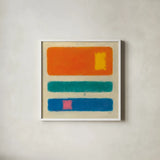 Isole Orange by Mike Schick. Shown in a crisp white glass frame for a clean and minimalist style. Available as an archival giclee rolled canvas, fine art paper, or poster print. SKU 22606a.