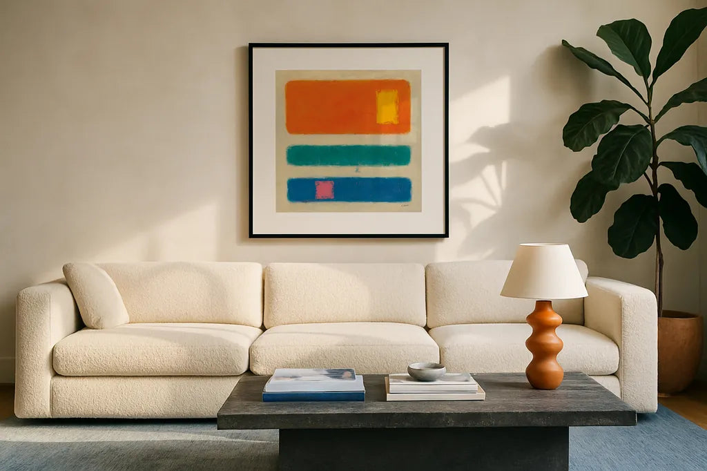 Isole Orange by Mike Schick. Displayed in a glass frame with matte in a clean modern living room. Available as an archival giclee rolled canvas, fine art paper, or poster print. SKU 22606a.