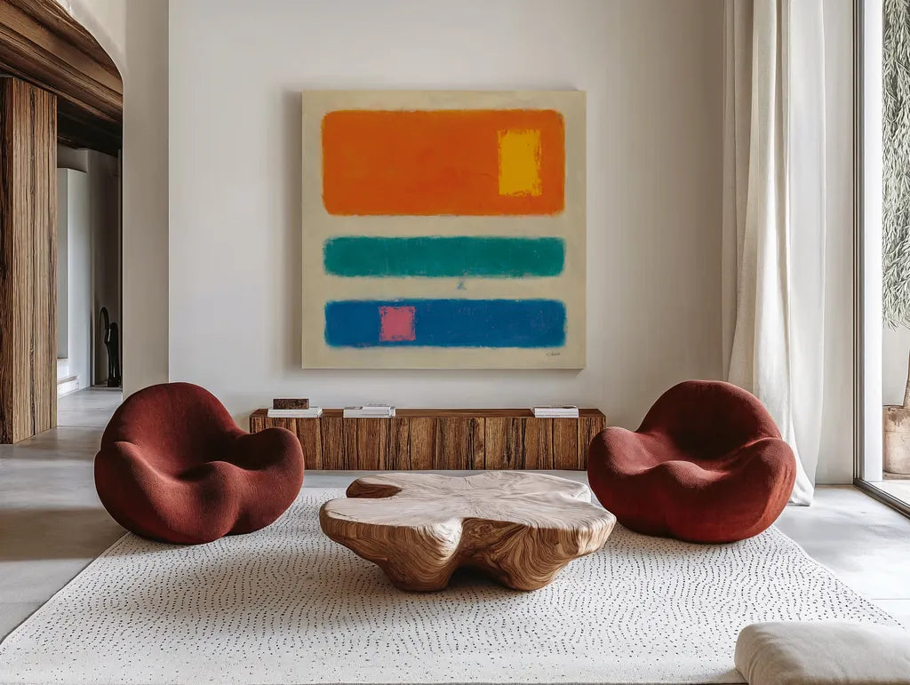 Isole Orange by Mike Schick. Shown as extra-large giant wall art in a modern living room. Available as an archival giclee rolled canvas, fine art paper, or poster print. SKU 22606a.