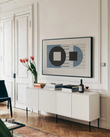 Laterally Speaking Blue by Mike Schick. shown as a framed stretched canvas in a living room above a console. Available as a archival giclee rolled canvas, fine art paper, or poster print. SKU 66725i.