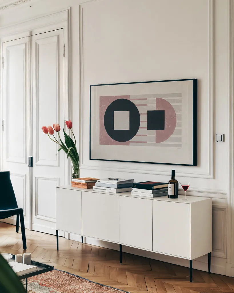 Laterally Speaking Mauve by Mike Schick. shown as a framed stretched canvas in a living room above a console. Available as a archival giclee rolled canvas, fine art paper, or poster print. SKU 66724i.