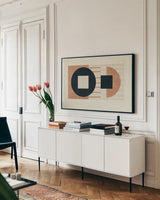 Laterally Speaking Warm by Mike Schick. shown as a framed stretched canvas in a living room above a console. Available as a archival giclee rolled canvas, fine art paper, or poster print. SKU 55289i.
