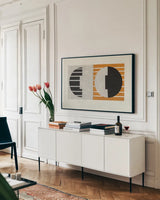 Latitude by Mike Schick. shown as a framed stretched canvas in a living room above a console. Available as a archival giclee rolled canvas, fine art paper, or poster print. SKU 52185i.