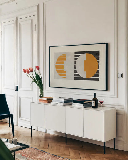 Latitude v2 by Mike Schick. shown as a framed stretched canvas in a living room above a console. Available as a archival giclee rolled canvas, fine art paper, or poster print. SKU 58746i.