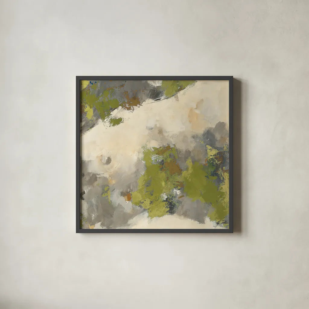 Linden Gray Matter II Square by Mike Schick. Shown in a sleek black glass frame for a contemporary gallery look. Available as an archival giclee rolled canvas, fine art paper, or poster print. SKU 34217a.