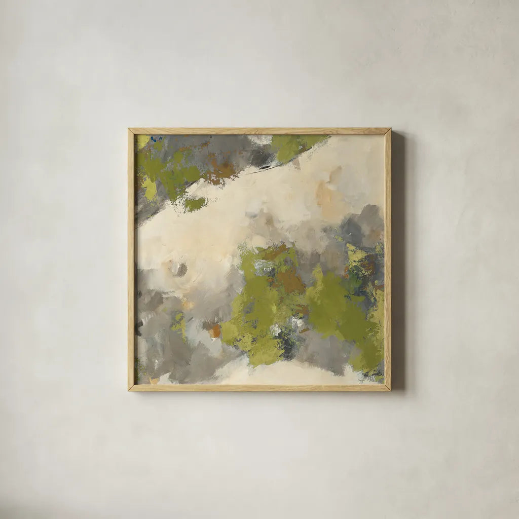 Linden Gray Matter II Square by Mike Schick. Shown in a natural wood glass frame for a timeless modern aesthetic. Available as an archival giclee rolled canvas, fine art paper, or poster print. SKU 34217a.