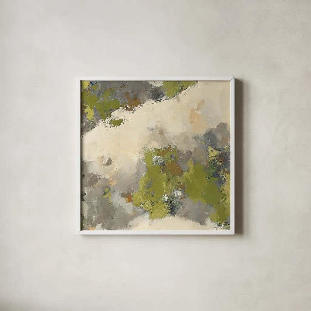 Linden Gray Matter II Square by Mike Schick. Shown in a crisp white glass frame for a clean and minimalist style. Available as an archival giclee rolled canvas, fine art paper, or poster print. SKU 34217a.
