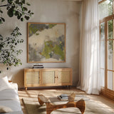 Linden Gray Matter II Square by Mike Schick. Shown in a natural wood frame in a cozy modern living room. Available as an archival giclee rolled canvas, fine art paper, or poster print. SKU 34217a.