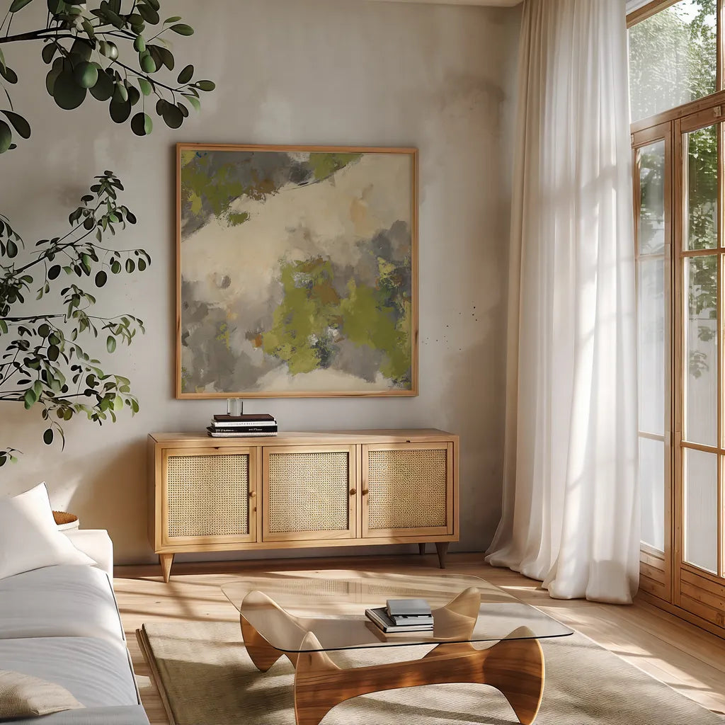 Linden Gray Matter II Square by Mike Schick. Shown in a natural wood frame in a cozy modern living room. Available as an archival giclee rolled canvas, fine art paper, or poster print. SKU 34217a.