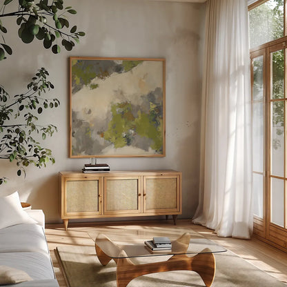 Linden Gray Matter II Square by Mike Schick. Shown in a natural wood frame in a cozy modern living room. Available as an archival giclee rolled canvas, fine art paper, or poster print. SKU 34217a.