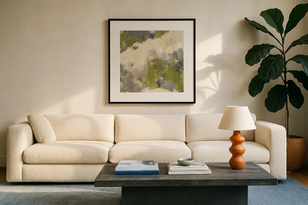 Linden Gray Matter II Square by Mike Schick. Displayed in a glass frame with matte in a clean modern living room. Available as an archival giclee rolled canvas, fine art paper, or poster print. SKU 34217a.