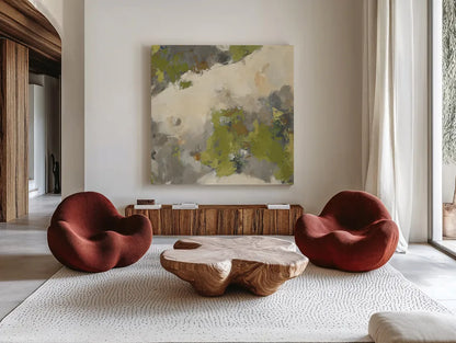 Linden Gray Matter II Square by Mike Schick. Shown as extra-large giant wall art in a modern living room. Available as an archival giclee rolled canvas, fine art paper, or poster print. SKU 34217a.
